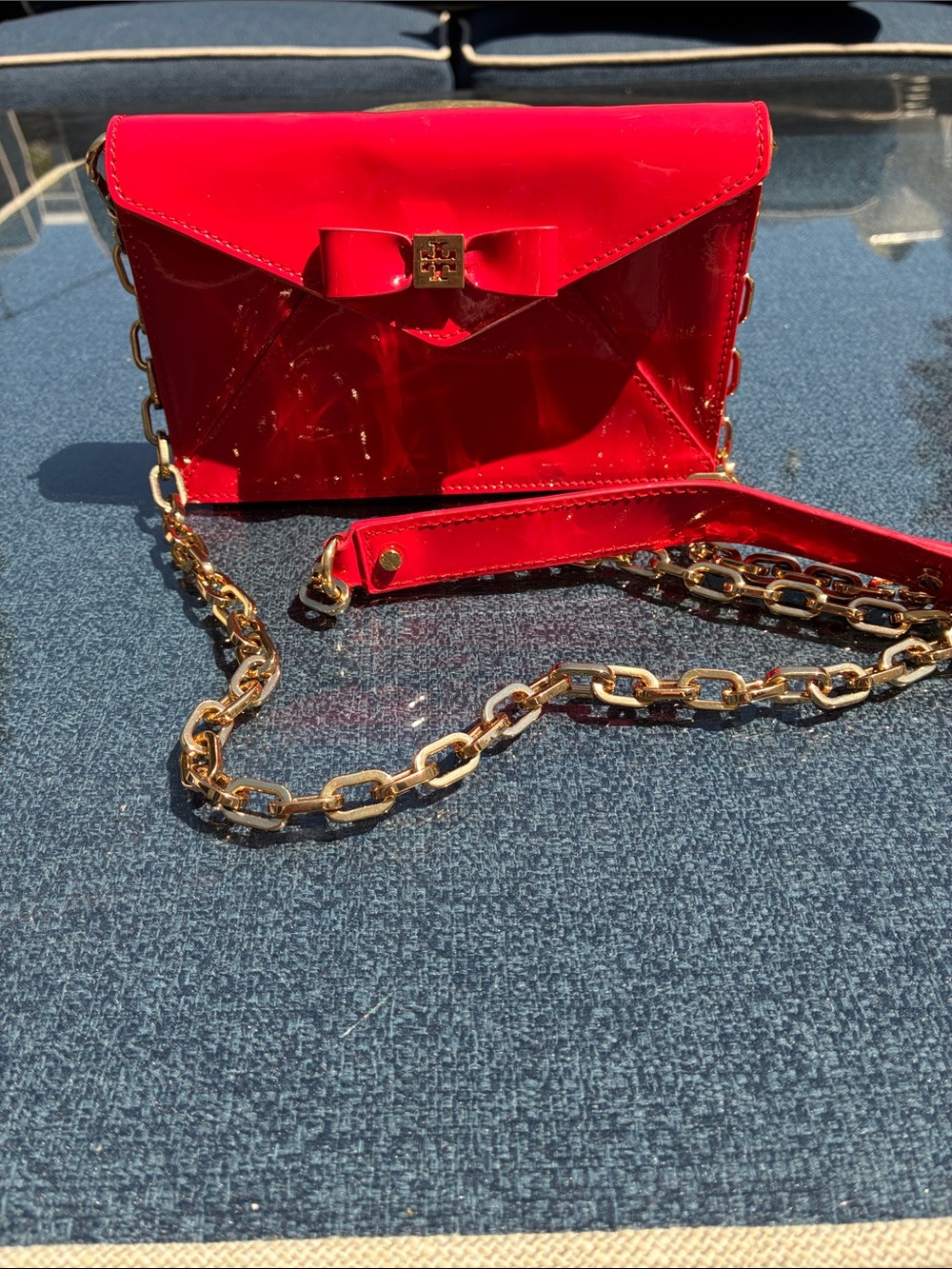 Tory Burch Red Patent Leather Bow Chain Crossbody